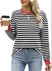 Women Long Sleeve Round Neck Blouse Color Block Striped Casual Top T Shirt 2xl