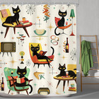Funny Black Cat Mid Century Vintage Cute  Bathroom Shower Curtain Set   60wx71h