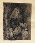 Original 1800s Charcoal Drawing Victorian Girl W Dog Romantic Portrait