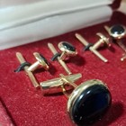 Vintage Countess Mara Gold Tone Signed Black Onyx Round Bullet Back Cufflinks