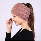New Women s Ponytail Beanie Knit Stretch Hat Headband Winter Messy Bun Pony Tail