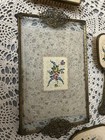 Vtg Petit Point Lace Filigree Brass Vanity Set  Brushes Hand Mirror Glass Tray 4
