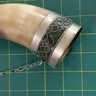 Vintage Drinking Horn With Chain   Engraved Silver Alloy Fittings