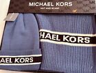 Michael Kors Scarf And Hat Set Blue With Mk Logo   Stripe Osfm Beanie Style New 