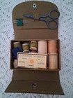 Vintage Travel Sewing Kit W scissors Needles Wood Thread Spools Snap Closure