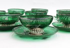 11 Murano Green Colored Glass And Silver Overlay Dessert Bowls And Underplates
