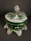 Vintage Enameled Mary Gregory Emerald Green Glass Covered Jar Applied Feet