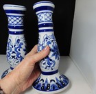 Vtg Pair Cobalt Blue And White Floral Candle Holders  Candle Sticks 9 5 X 4 5