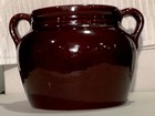 Vintage Brown Stoneware Bean Pot - 8   w X 6   h  W  Lid   Double Handles - Ec