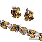 Vintage Heirloom Golden Sunflower Gemstone Bracelet Earrings Set 1960s Rare Find