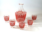 Vintage Decanter    Set Of 5 Glasses Red Lattice Mcm Pitcher Set