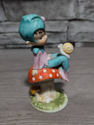 Vintage Napco Pixie Elf On Mushroom W snail Figurine Original Label Fairy Decor