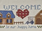 Vtg Country Cross Stitch Welcome To Our Happy Home Under Glass Distressed Frame