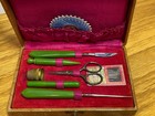 Vintage Sewing Kit With Various Utensils In Original Brown And Red Velvet Case