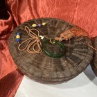 2 Antique Pine Needle Sewing Basket W lid Pink Glass Hoop