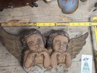 Vtg 19c Hand Carved Wood Polychrome Double Putti Angel Wall Art Hanging Plaque