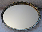 Vintage Oval Filigree Ornate Gold Tone Mirrored Vanity  Tray