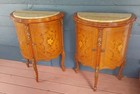 Vintage French Demilune Inlayed Wood End Tables W marble Tops 30 Tall X 23  Wide
