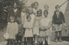 Antique Group Photo Children Outside House Bicycle Early 1900s Snapshot
