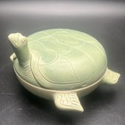 Green Ceramic Turtle Trinket Box Lidded Figural Candy Bowl Muted Celadon Matte