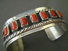 Native American Navajo Rectangular Coral Row Sterling Silver Filed Cuff Bracelet