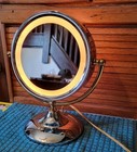 Vtg 2tone  chrome   Brass  Pedestal Vanity Mirror  Magnified Touch Light  Swivel