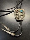 Vintage Western Eagle Ssi Bolo Silver Tone Turquoise Red Coral With Tips