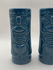 Vtg Hawaiian Tiki Mug Tumbler Ceramic Blue Glazed Barware Totem 6 3 4  Set Of 2