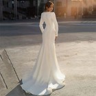 White Satin Mermaid Wedding Dress Deep V Neck Long Sleeve Beaded Bridal Gown