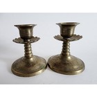 Vintage Etched Brass Candle Holders Pair Floral Design Short Indian Style