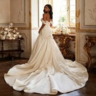 Off   shoulder Lace Wedding Dress Satin Mermaid Bridal Gown With Long Chapel Train