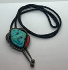 Vtg  Native American Sterling Silver Turquoise   Coral Bolo Tie Signed  125gra 