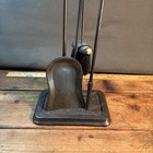 Vtg Black Iron   Brass 3 Piece Fireplace Tool Set W  Stand  30      Duck Flue Pull
