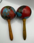 Vintage Hand Painted Wooden Maracas 1950 s -vibrant Red  Blue And Green