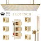 Brushed Gold 16x32  Rain Shower Faucet Set Kit Thermostatic Massage System Combo