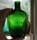 1928 Emb Emerald Green Crude Hand Blown Ribbed Side Pocket Whiskey Flask