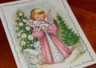 Vintage Unused Christmas Card Glitter Pretty Girl Angel In Pink With Baby Lambs