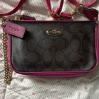Coach Signature Logo Crossbody Wristlet Bag Brown Pink Trim Gold Hardware