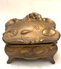 Antique Art Nouveau Cast Metal Jewelry Casket Trinket Box Gold Finish   Footed