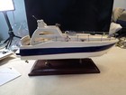 Vintage-style Handmade Wooden Cabin Cruiser Model Boat Attached Display Stand