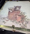 Vintage Seward Gold Trim Toy Box Cube Trunk Chest Cat Kitty Kitten Kitsch