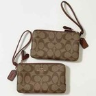 Coach Double Corner Zip Signature  Leather Wristlet Wallet Khaki Saddle F87591