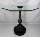 Vintage Mid Century Engraved Etched Blackened Brass Glass Top Side Table India A