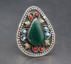 Vintage Afghan Turkmen Glass Malachite Stone Ring  Colorful Beads Heart Ring 10