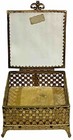 Vintage 24 Kt Gold Ormolu Filigree Square Jewelry Casket Box Beveled Glass Top