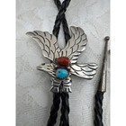 Vintage Navajo Sterling Silver Eagle Turquoise And Red Coral Bolo Tie