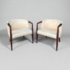Pair Of Vintage Mid-century Modern Barrel Armchairs     Cream Jacquard   Walnut