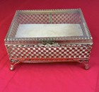 Vtg Gold Tone Filigree Jewelry Casket Glass Lid Trinket Box Ormolu 6 5 8    Mcm