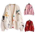 Women Embroidered Knit Blouse Caidigan Sweater V-neck Long Sleeve Tops Loose