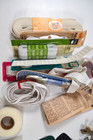 Lot Vintage Sewing Notions Wood Thread Spools Elastic Zippers Seam Binding Pins